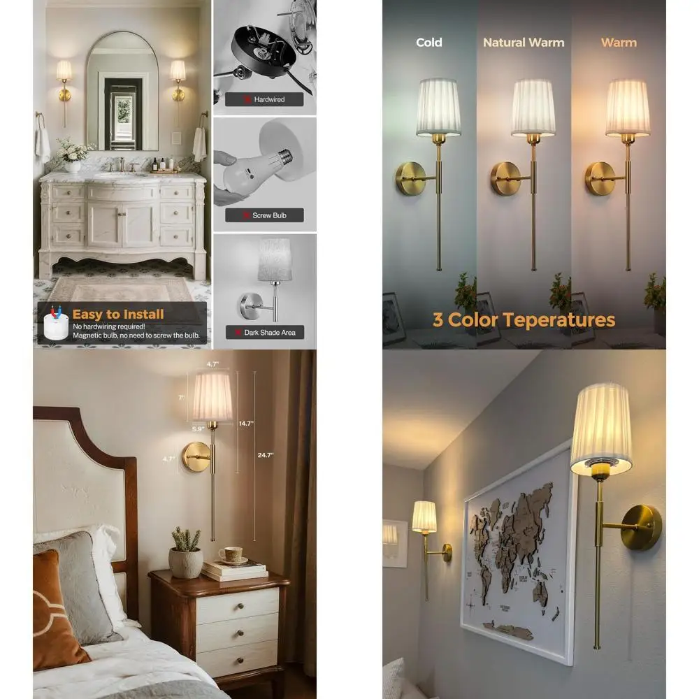 

Беспроводные настенные светильники на батарейках, 13000 мАч, перезаряжаемые, комплект из 2 штук для домашнего декора (золото)