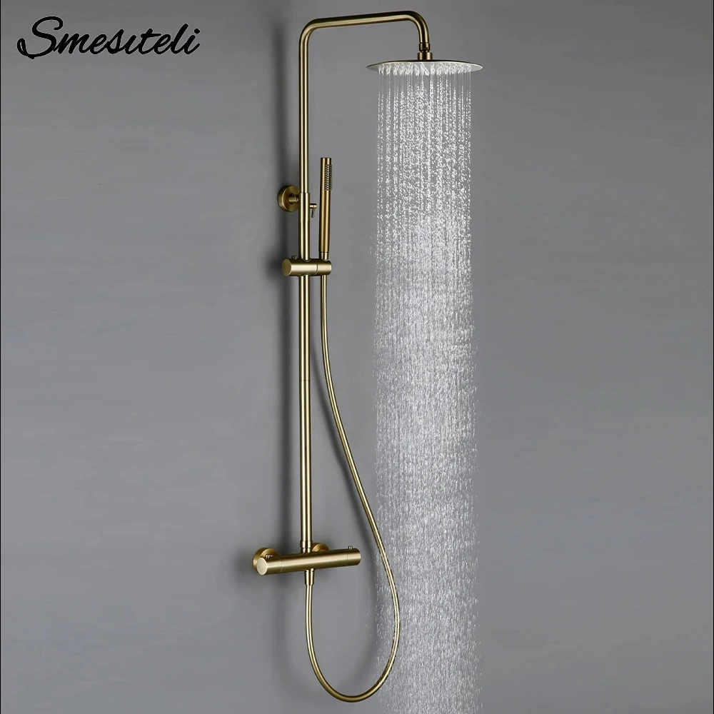 Shower System With Thermostatic Shower Faucet Thermostat Bathroom Mixer Tap Rain Head Wall-Mount Handheld Sprayer