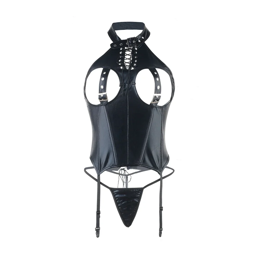 Woman Wet Look PVC Leather Bodycon Teddy Latex Hollow Cutout Zipper Club Fetish Lingerie