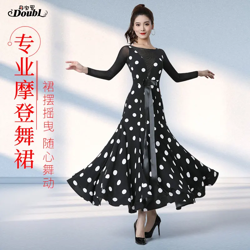 Doubl Morden Dance Dress 2024 new Female ballroom Long Skirt Polka Dot Dance Dress Ballroom stage Dance Dress