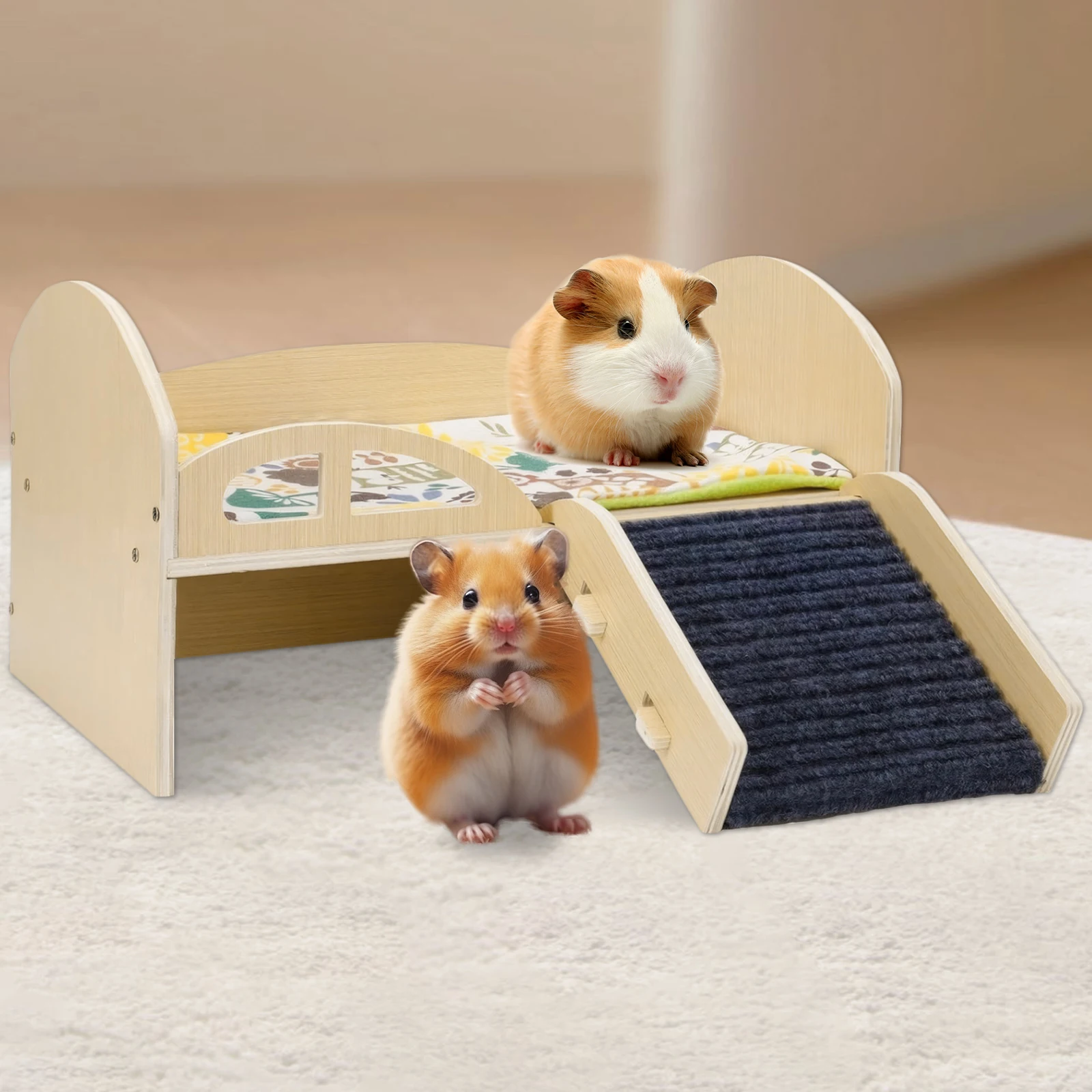 

Guinea Pig Bed with Stable Stairs & Mat Wooden Small Animal Bed Multi-Level Guinea Pig Castle for Hamsters Bunny Chinchillas