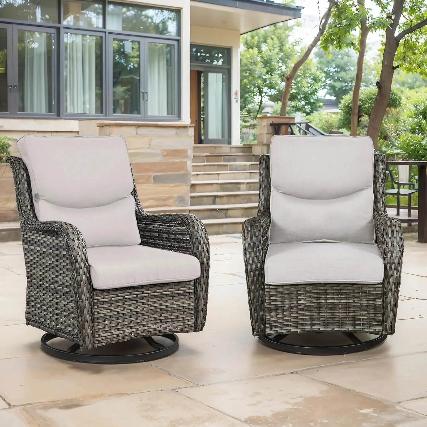 

Swivel Patio Chairs Set of 2 with 5" Thick Cushion - Wicker Outdoor Swivel Rocker Patio Chairs, High Back Comfortable Outdoor Gl
