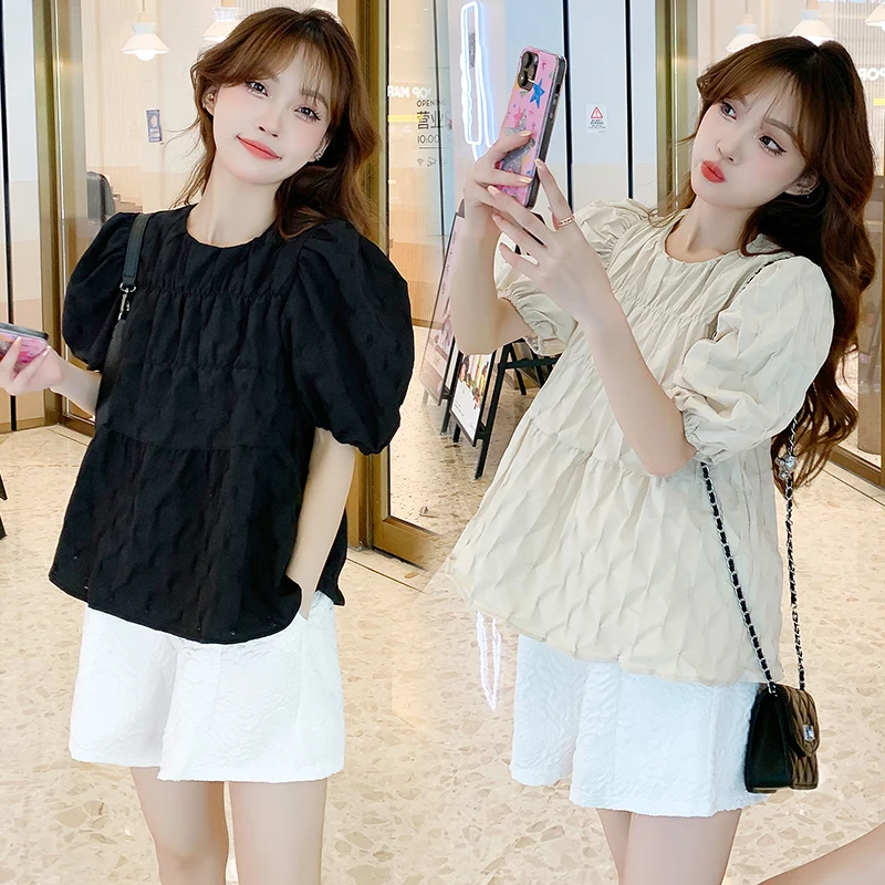 2024 Summer Maternity Tops Short Sleeve O-neck Pregnant Woman Pleated Shirts Fashion Pregnancy Sweet Blouses Blouses Black Beige