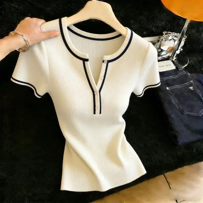 Contrast Piping Half Placket V Neck Ice Silk Knit T Shirt Women Slim Short Sleeve Summer Basic Top