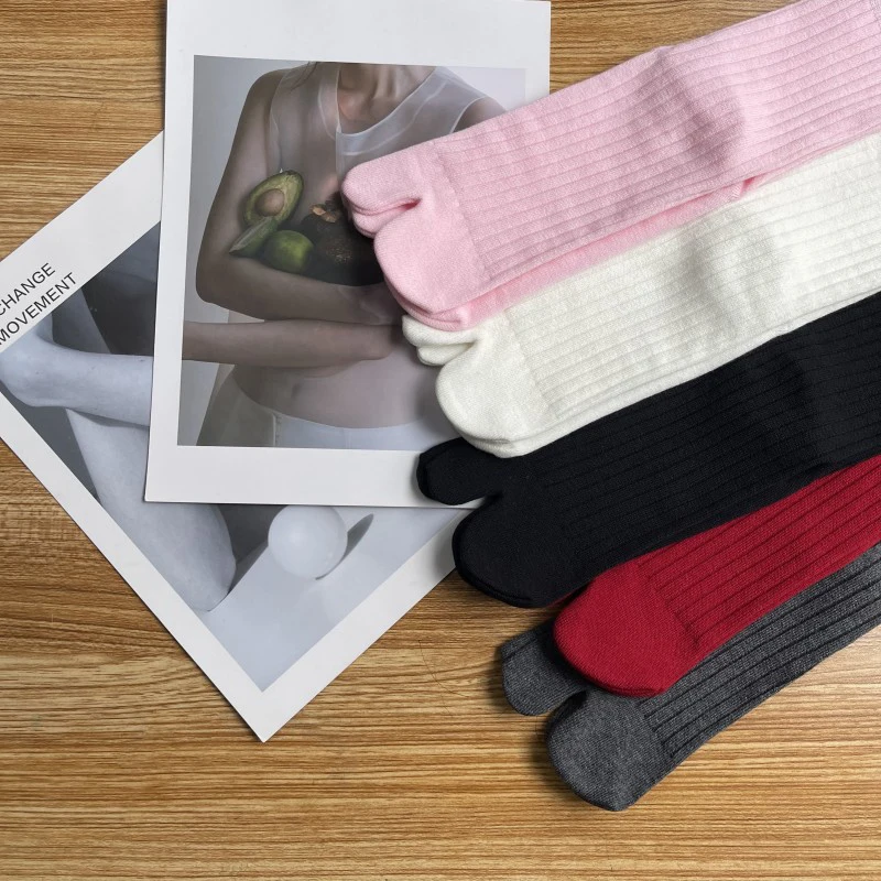 Wide Vertical Stripe Double Needle High Rubber Band Solid Color Two Toed Socks Split Toe Mid Tube Spring/Autumn Mid Tube Socks