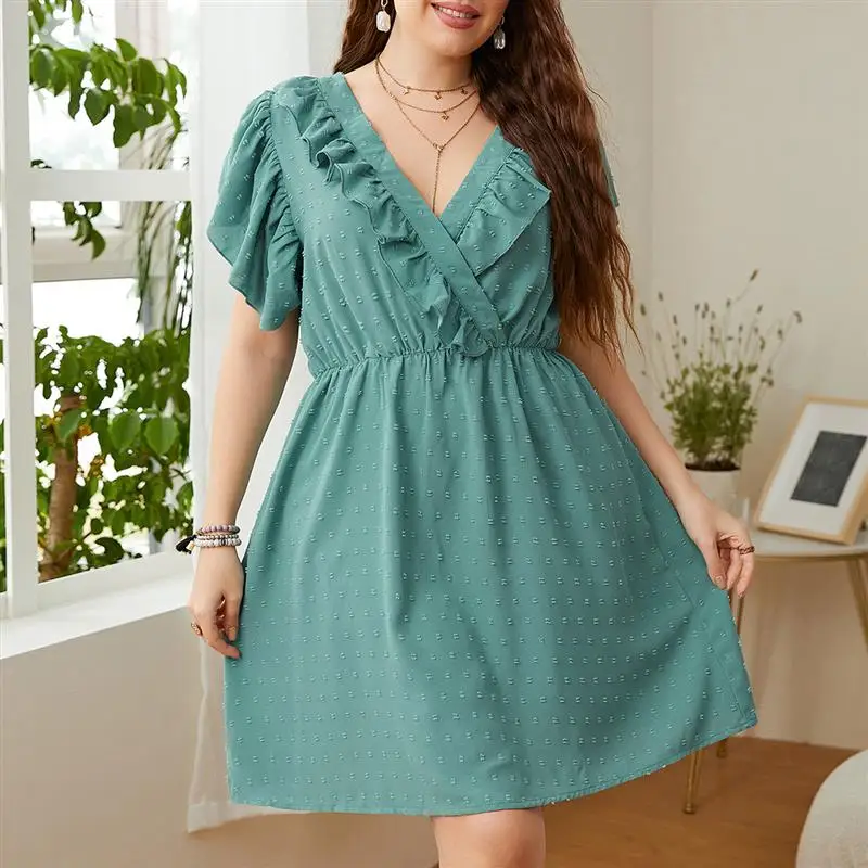Verano de talla grande para mujer, vestido informal con escote en V profundo, falda acampanada Briti Sle, vestido de viaje de Color puro ort Sve