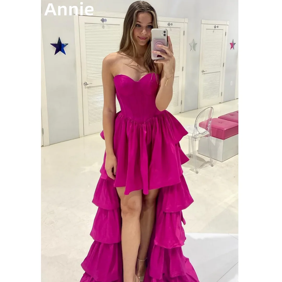 Annie Fairy-Vestidos de baile de graduación morados, tafetán en capas, Alto y Bajo vestido de novia, Vestidos de cóctel con hombros descubiertos, Vestidos DeFiesta