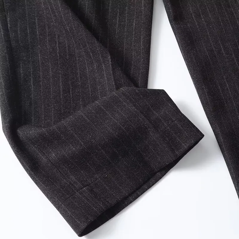 Dave&Di Francuskie spodnie biurowe w stylu office lady, szare, flanelowe, do pracy, zimowe, vintage, w paski, luźne, proste, spodnie damskie, odzież damska