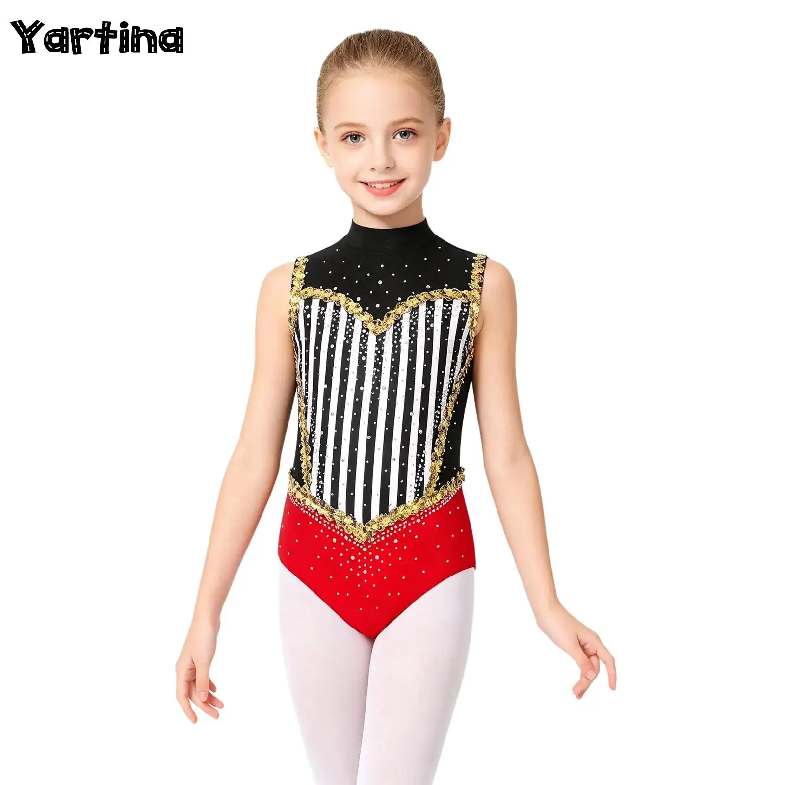 

Kids Girls Glitter Sequins Ballet Dance Leotards Jumpsuit Circus Ringmaster Cosplay Costume Rhinestones Sleeveless Bodysuit