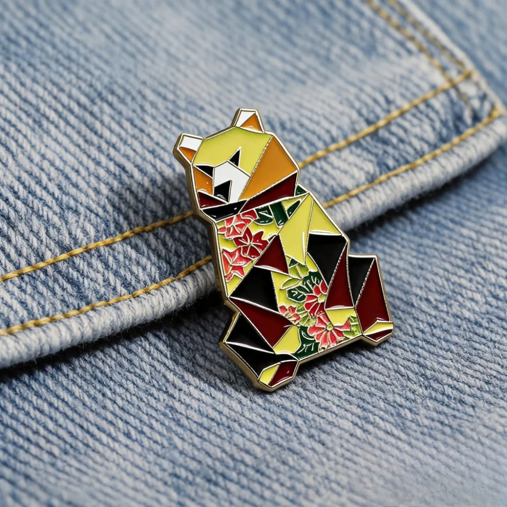 Origami Stained‑glass Bear Metal Lapel Pin Colorful Flower Animal Ornament Denim Clothes Bag Cute Accessory
