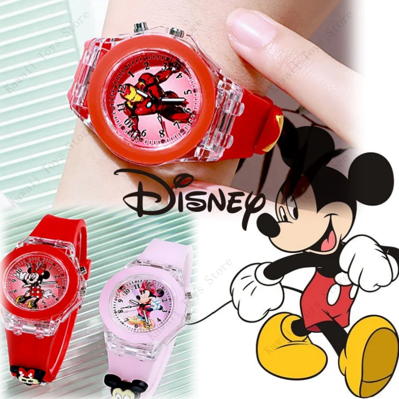 Disney Marvel Spiderman Mickey Frozen Luminous Watch Cartoon Toys Iron Man Children's Student Silicone Lights Led Watch Xms Gift