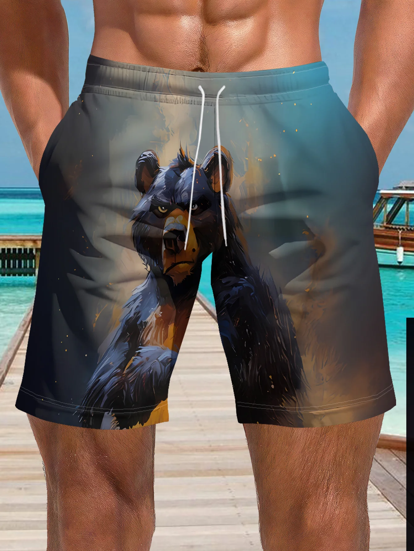 Mens Dark Tropical Floral Palm Print Quick Dry Drawstring Waist Beach Shorts Swim Trunks 2026