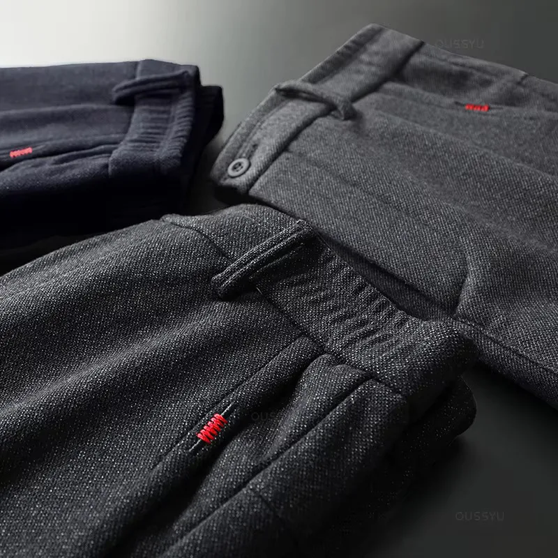 New Men's Casual Pants Business Fashion Elastic Waist Slim Fit Thick Grey Black Cotton Pants