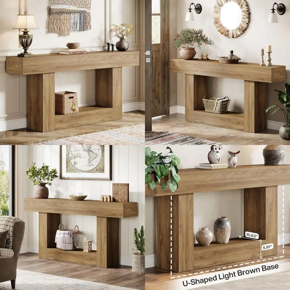 Farmhouse Style Two-Tier Console Table for Entryway, Narrow Long Wood Sofa Table Behind Couch, U-Shaped Base Design