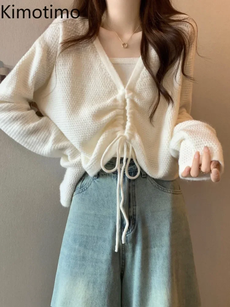 Kimotimo Knitted Two Piece Sets Women Solid V Neck Drawstring Short Pullover + Sweater Vest 2024 Autumn Simple Sweet Y2k Tops