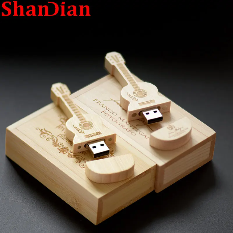 

SHANDIAN Wooden BOX Guitar 64GB USB Flash Drive Wedding Gifts 32GB Pendrive Free Custom LOGO Memory Stick Maple 2.0 16GB U Disk