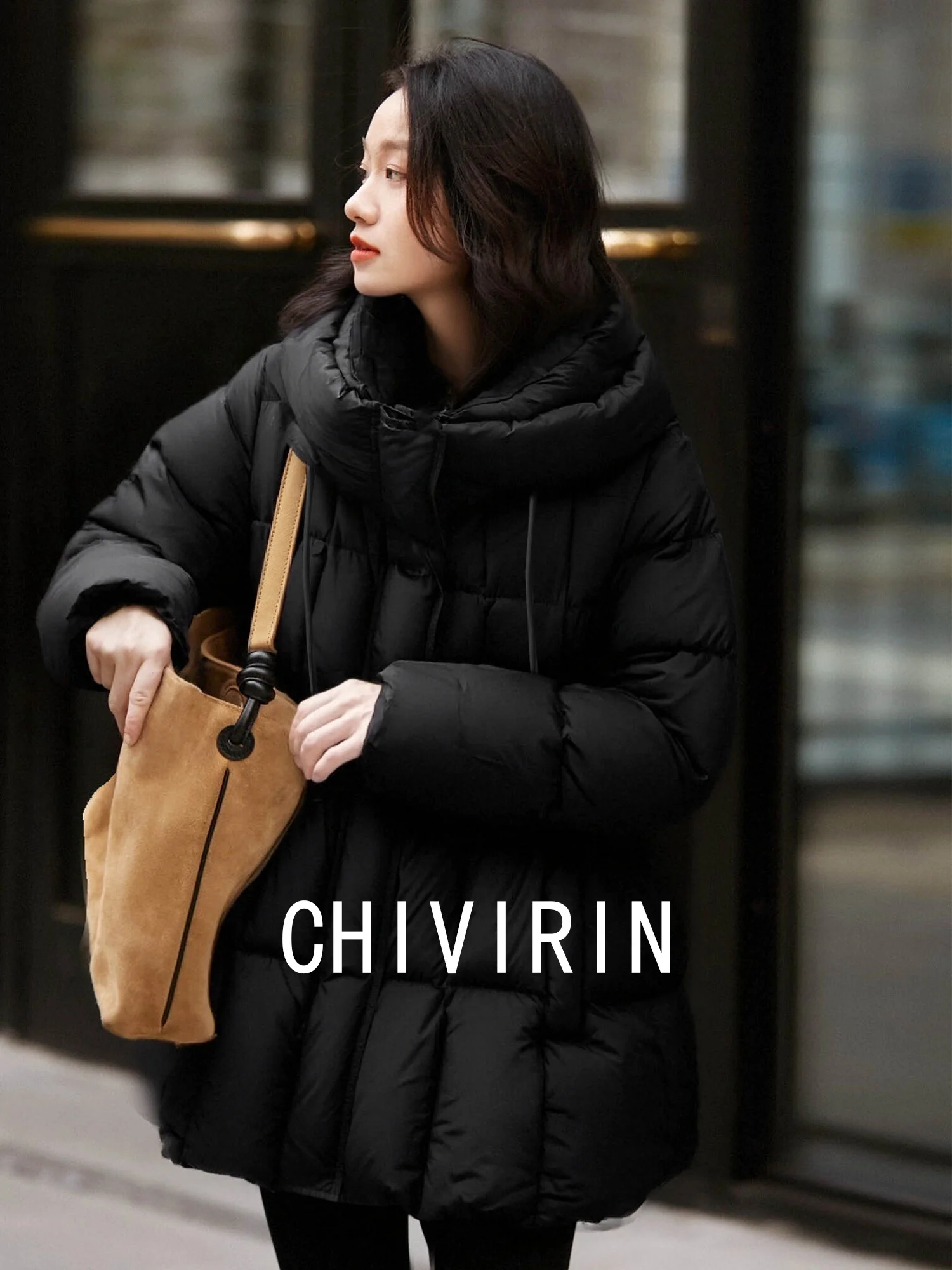 

Chivirin 2026 Autumn Winter New Sle Bla Hooded Waist-Cinching down Jaet Women's Mid-Length 90 White Goose down Thi Coat