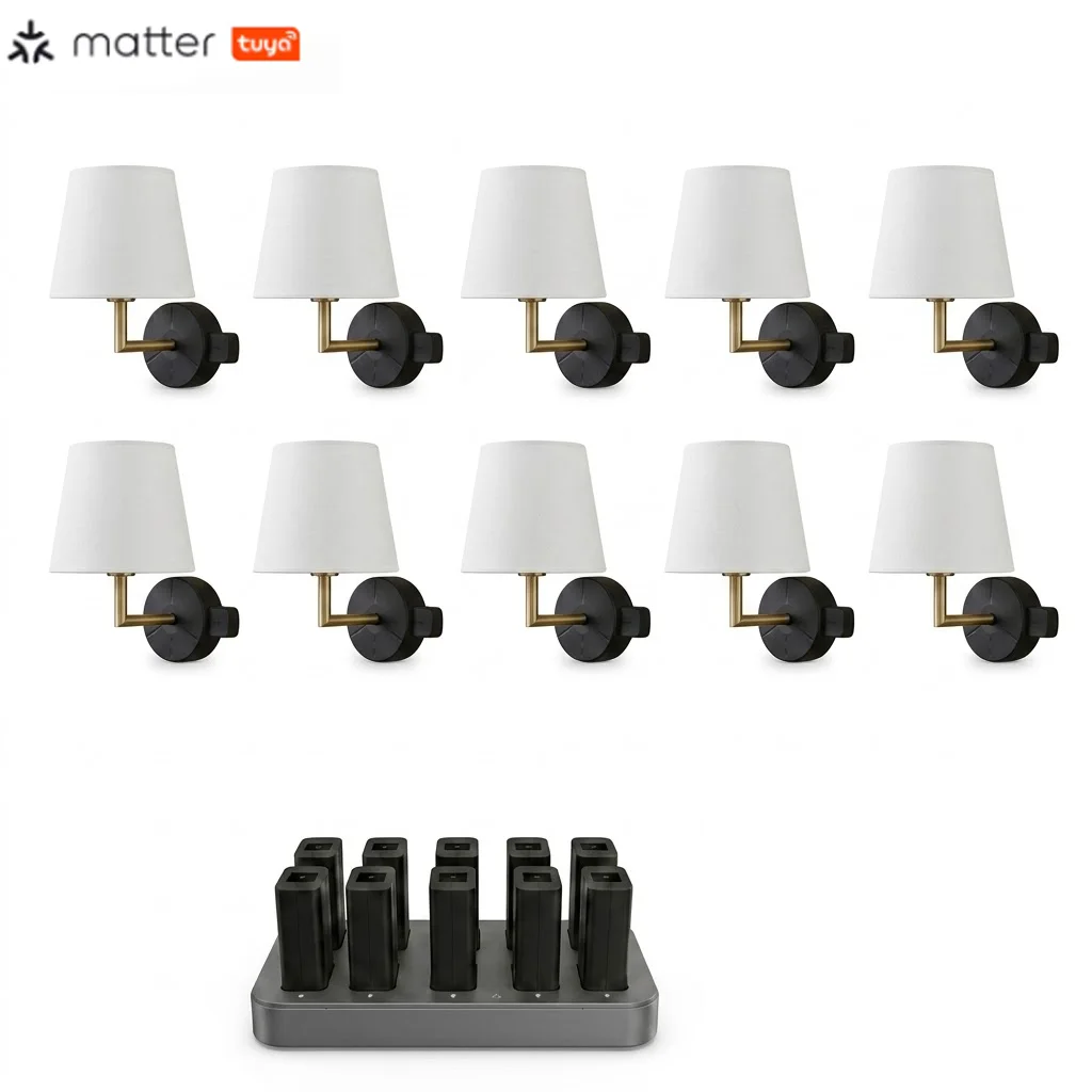 Matter & Tuya Smart Rechargeable Wall Sconces Minimalist Linear Battery Powered LED Wall Lights with 10-Port Charging Station
