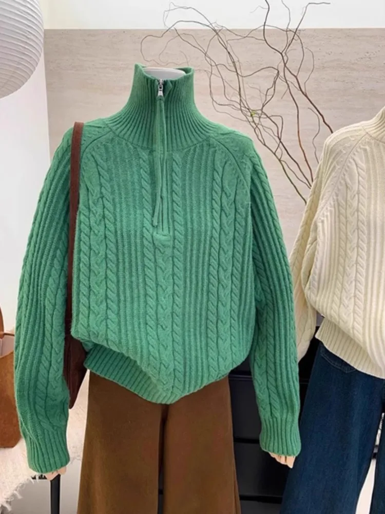 سترة نصف سحاب برقبة عالية للنساء في الخريف والشتاء، مع ياقة برتقالية يقطين وبلوزة فضفاضة سميكة