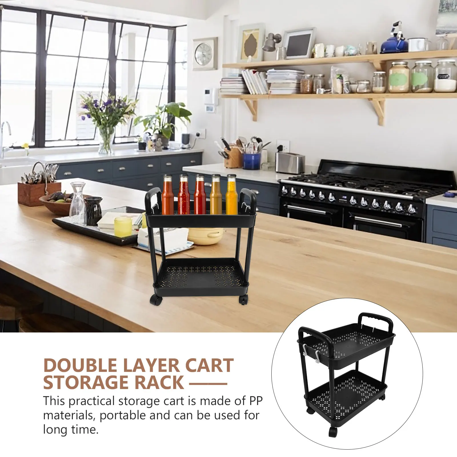 

2 Tier Rolling Storage Cart Double Layer Mobile Organizer 50Kg Capacity Pp Material 360° Wheels For Kitchen Bathroom Bedroom