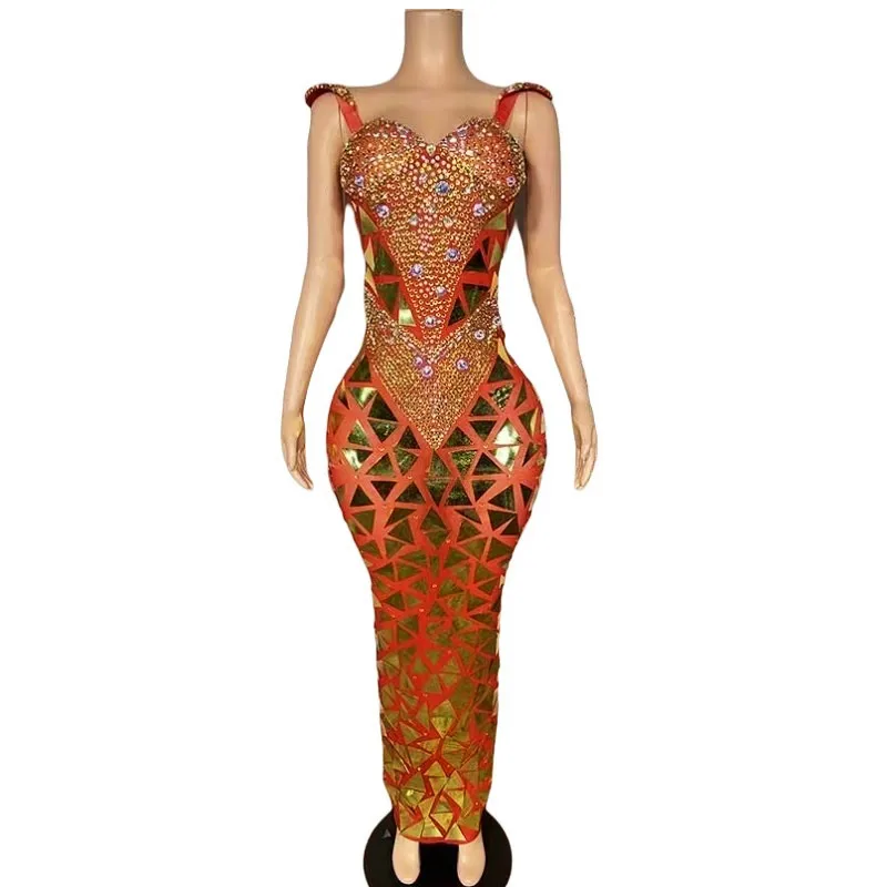Women Long Dress Luxury Gold Silver Mirror Rhinestones Model Catwalk Singer Performance Stage Costume Birthday Celebrate Gowns