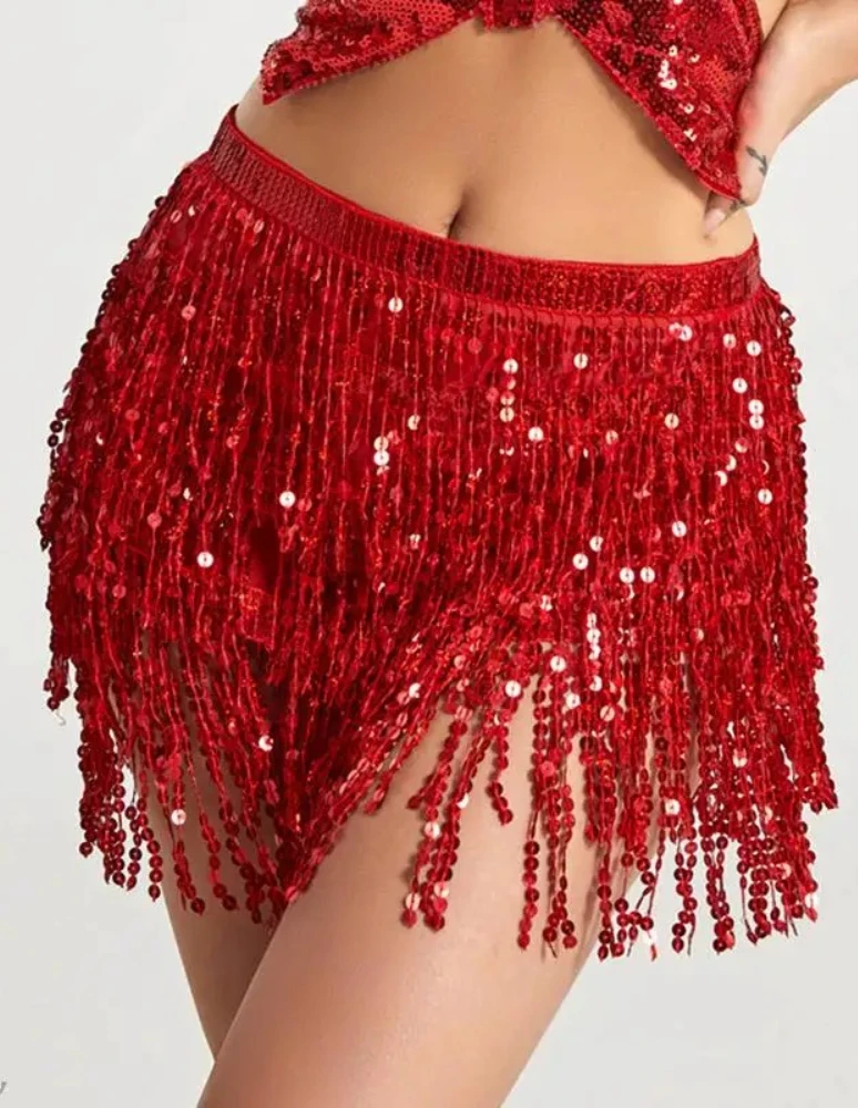 Damen Pailletten-Quasten-Bauchtanzrock Glänzende Perlen Taillenkette Saumrock Bohemian Taillenrock Gürtel – Detail 12