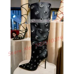 Pointy Metal Eyelet Long Boots Ladies Sexy Matte Leather High Heels Boots Streetwear Women Punk Side-zip Casual Outfit Shoes