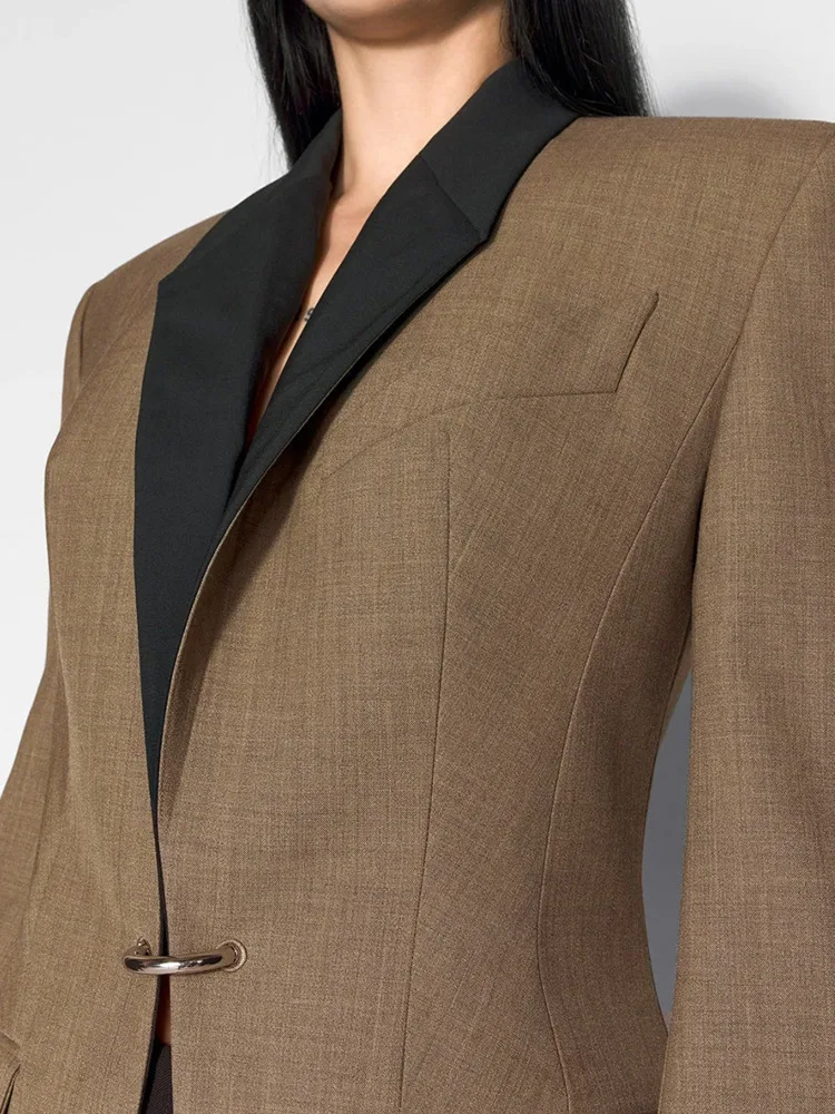 ZMEENNA Dames Kaki Blazer Met Zwarte Revers Moderne Oversized Fit Lange Mouw Jasje Haak Sluiting Mode ZM888