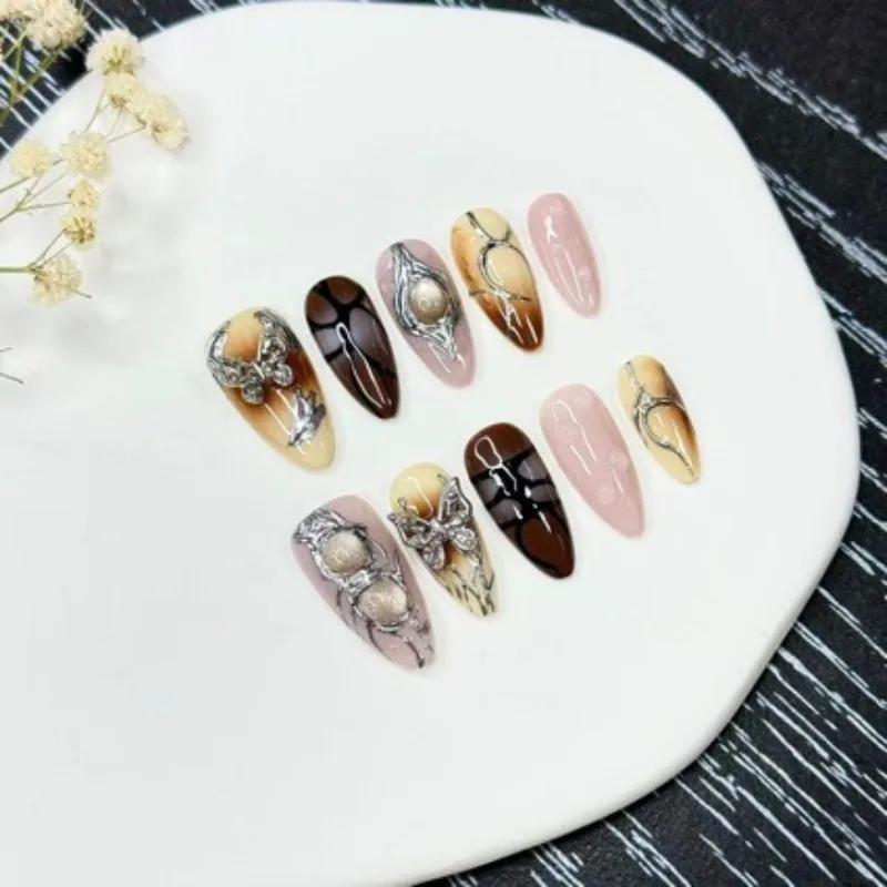 

10 шт., хромированные ногти ручной работы в форме крокодила, миндалевидные ногти, 3D бабочка, градиентный принт, горячая девушка, острые накладные ногти для женщин