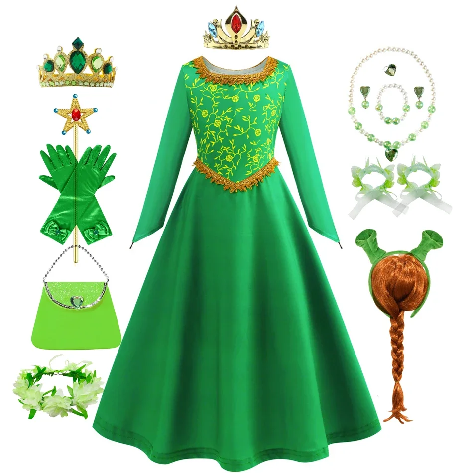 Fiona Dress Halloween Shrek Cosplay Fantasy Dress Up Green Princess Costume Children Elegant Gown Kids Long Sleeve Print Frocks