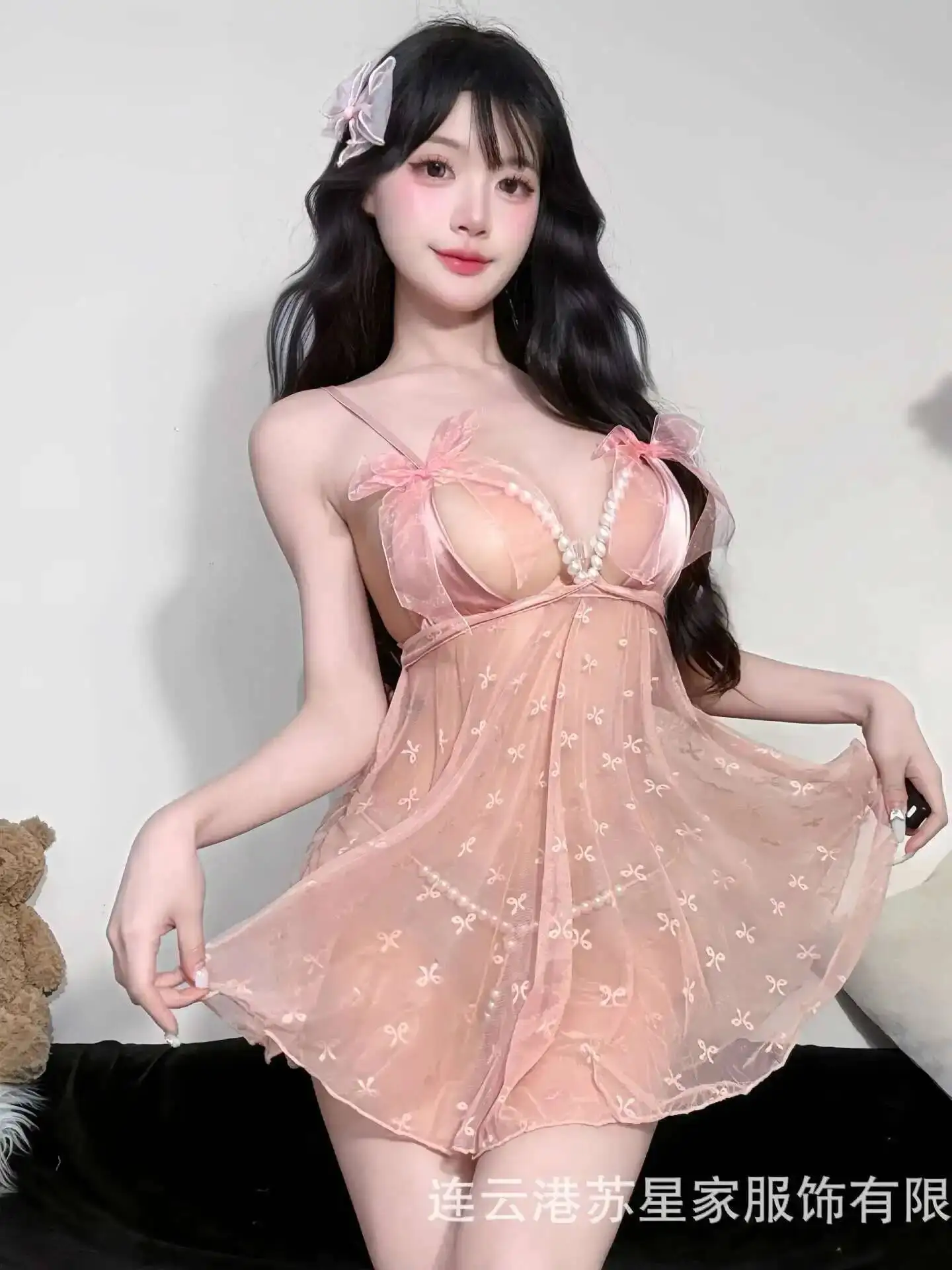 New Sexy Camisole Sleepwear Women's Lace Bow Black Lace Pure Desire Pearl Sheer Dress Elegant Fashion Women Mesh Lace HDG8