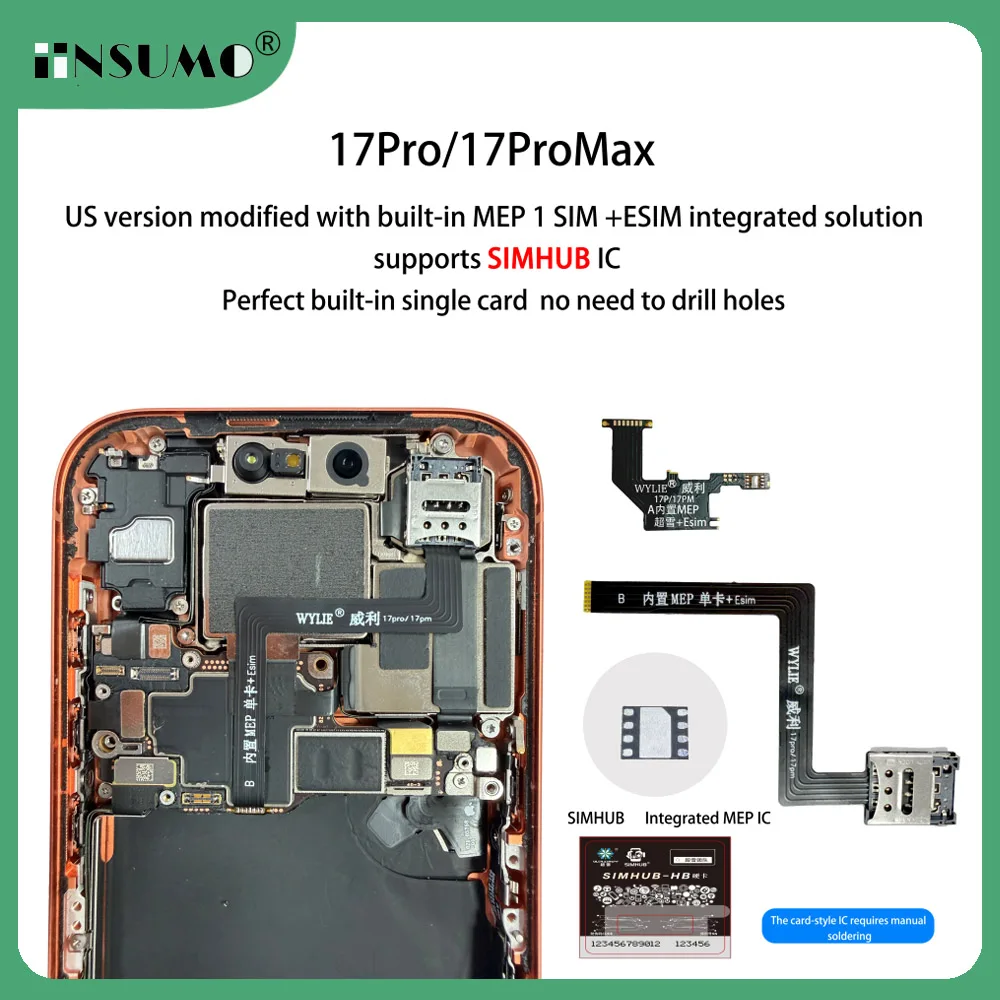 Wylie For iPhone 17 Pro Max Esim Convert to Sim Single Card Built in Cable US Version MEP Integration Solution Support SIMHUB IC