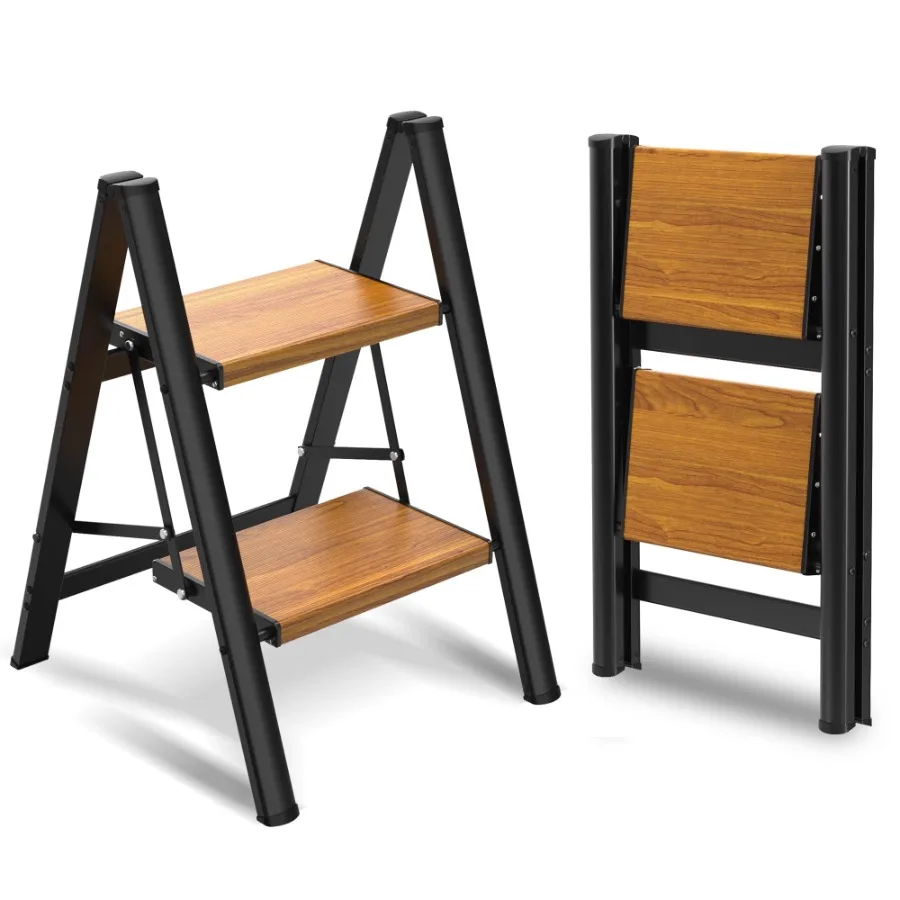 2 Step Ladder Lightweight Metal Folding Step Stool with Anti-Slip Wide Pedal 330lbs Capacity for Kitchen Office
