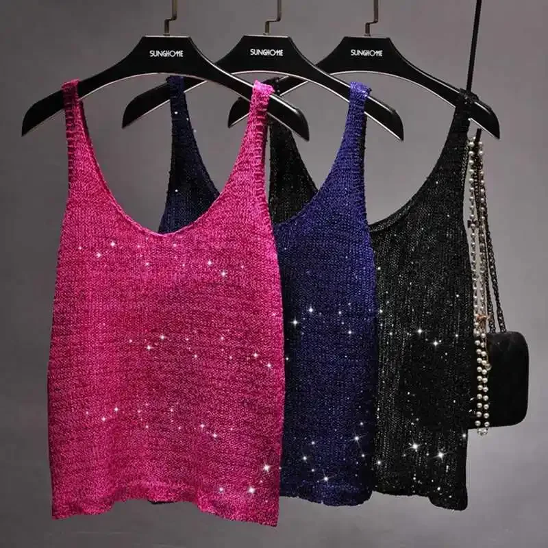 2024spring new thin holiday style loose glitter sequin knitted shirt suspender top nightclub backless gold line leggings