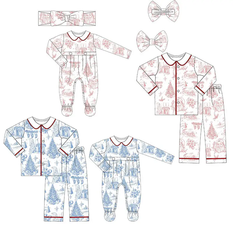 Christmas Collection Blue and Red Christmas Tree Print Boys and Girls Long-Sleeve Tops and Pants Boutique Pajama Sets and Romper