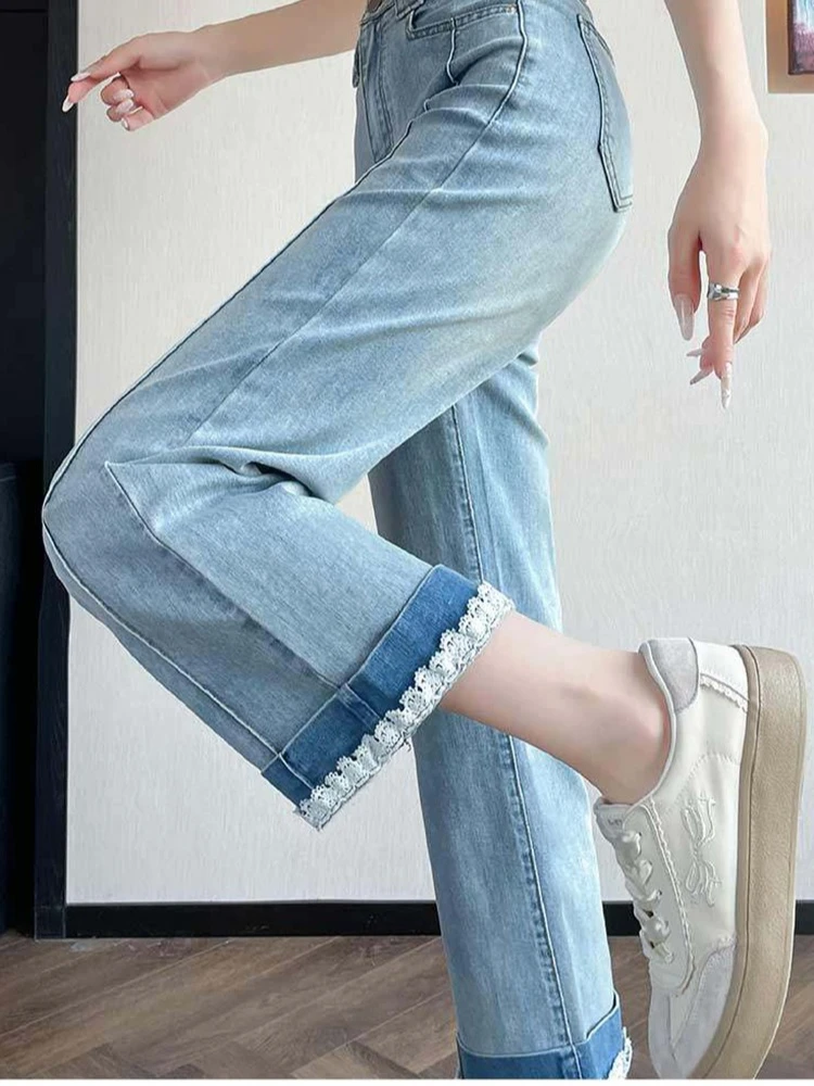 Ruffled lace straight leg jeans women nine inch wide legs new autumn high waisted narrow version cigarette tube pants