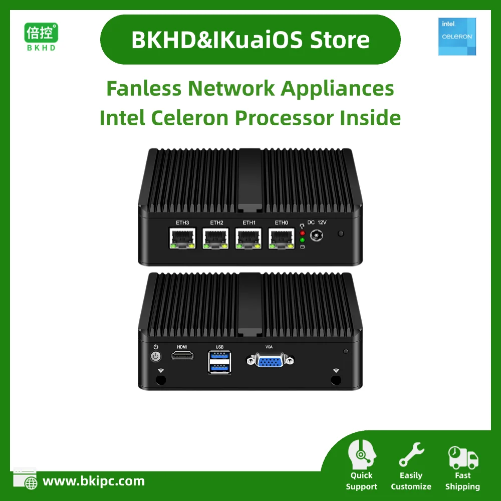 IKuaiOS Edge Network Appliance Fanless 4-poorts Ethernet Celeron-processor voor firewall-router Ingebouwde Windows IoT Home Assistant