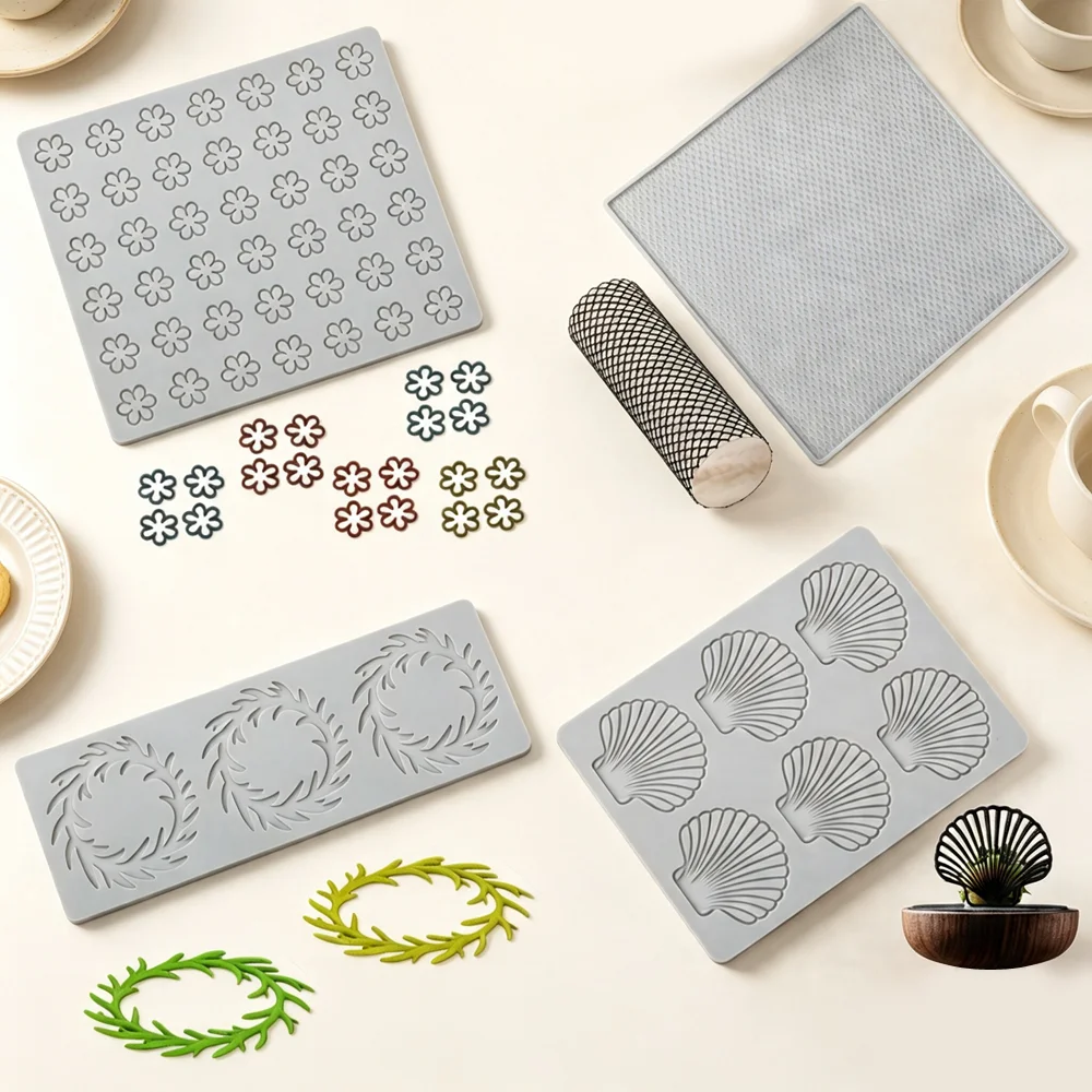 Image of Kranz-, Muschel- oder Kleine-Blumen-Design Silikon-Fondantform Schokoladenchip-Form Silikon-Spitzenmatte Zuckerhandwerk Silikonunterlage