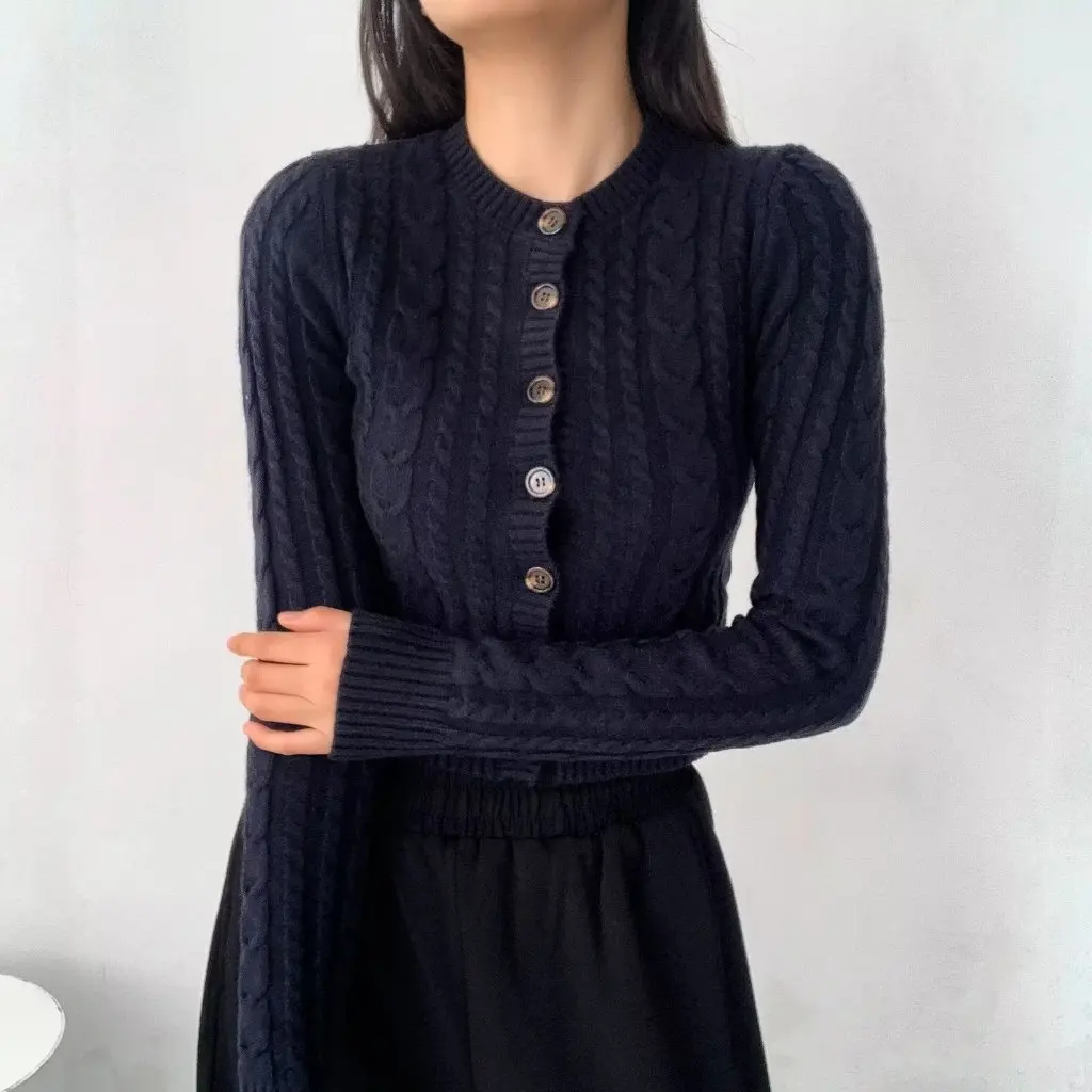 

Women's Bm Style American Retro Twist Knit Cardigan Jacket Slim-Fit Short Single-Breasted Sweater Trendy Opening Shirt