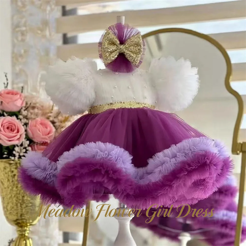 Meadow White and Ombre Purple First Communion Gown with Pearl Gold Sequin Girls Princess Dress    Evening Party Dress for Girls