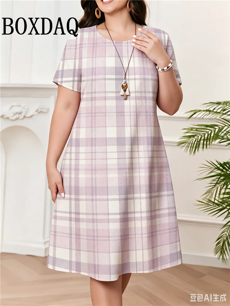Vintage Plaid Print Dress Big Size Women Summer Short Sleeve Loose Plus Size Casual Dress Elegant Lady Dress 6XL Vestidos