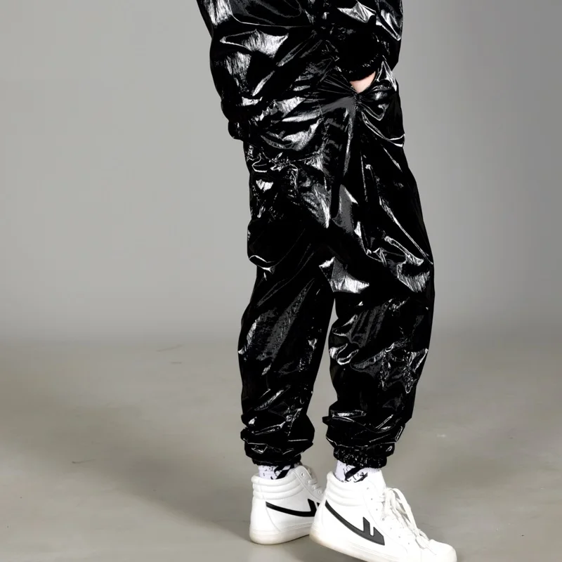 Srebrny czarny metaliczny Elaistc talia męskie spodnie chłopięce Jogger Hip Hop na żywo spodnie do tańca Oversize poluzuje