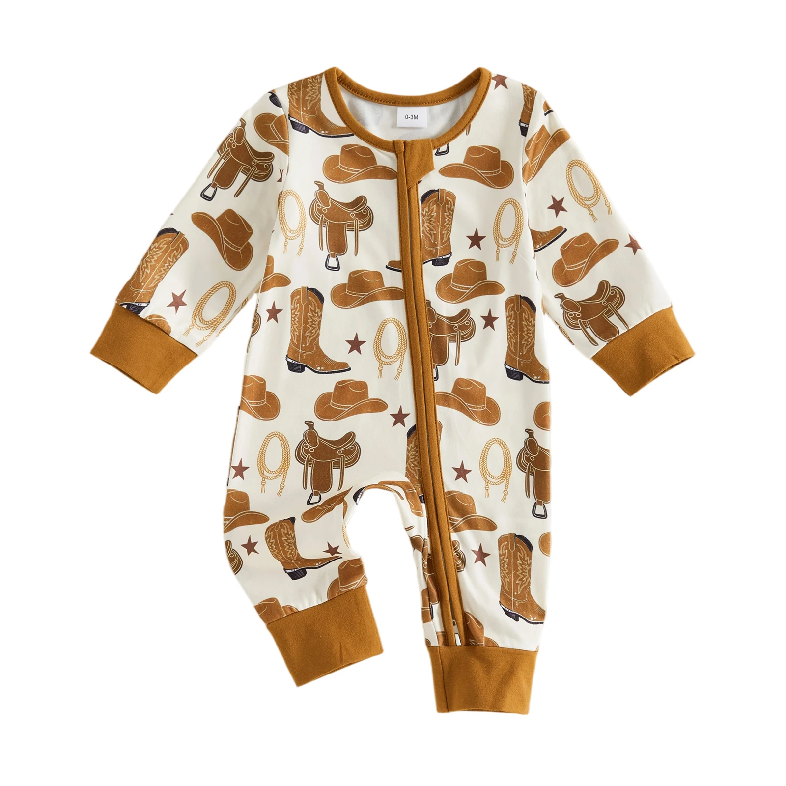 Baby Boy Western Romper Printed Long Sleeve Crew Neck Zipper Jumpsuit