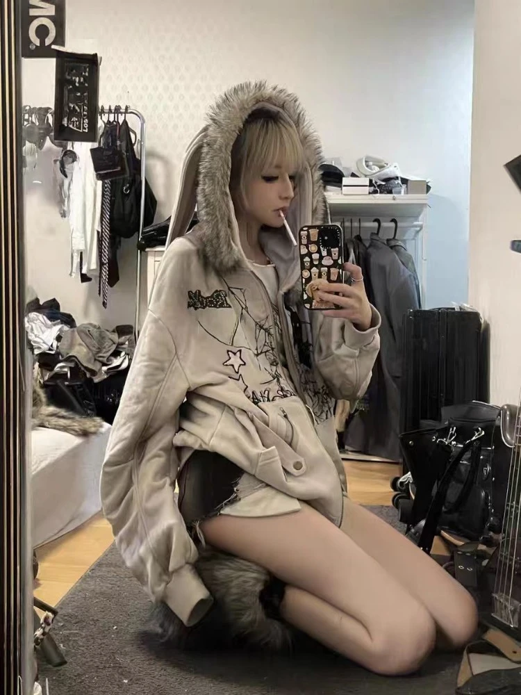 Vintage Harajuku Graffiti Star Gothic Jackets Patchwork Fur Grunge Y2k Kawaii Rabbit Ears Hoodies Casual Warm Loose Women Coats