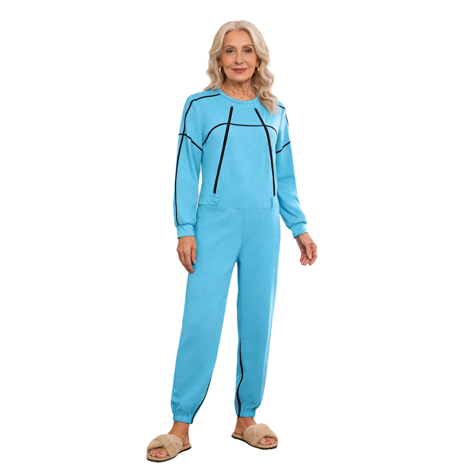 

Women Elderly Alzheimer Adaptive Jumpsuit Front Zipper Legs Long Sleeve Long Pants Anti-strip Rompers for Special Needs Caring
