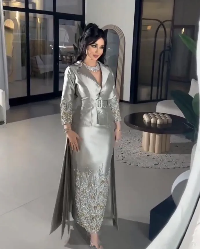 Silver Grey Saudi Prom Dresses with Overskirt Sparkly Crystal Customsized Long Sleeve Arabic Dubai Evening Occasion Gown