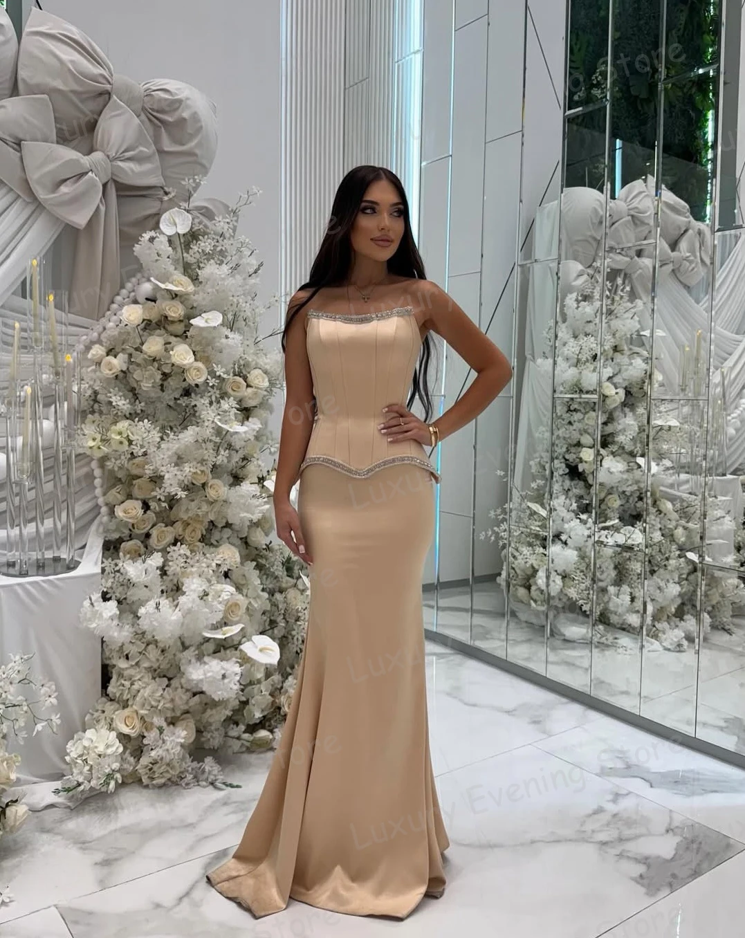 

Luxury Evening Dresses Sexy Woman's Mermaid Boat Neck Sleeveless Prom Gowns Fashion Vestidos Customized فساتين سهرة