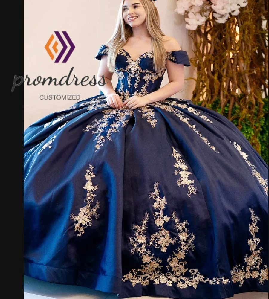 

Классическое темно-синее платье Quinceanera с кружевным корсетом с открытыми плечами Vestidos De 15, платье Quinceañera Princess Sweet 16, по индивидуальному заказу