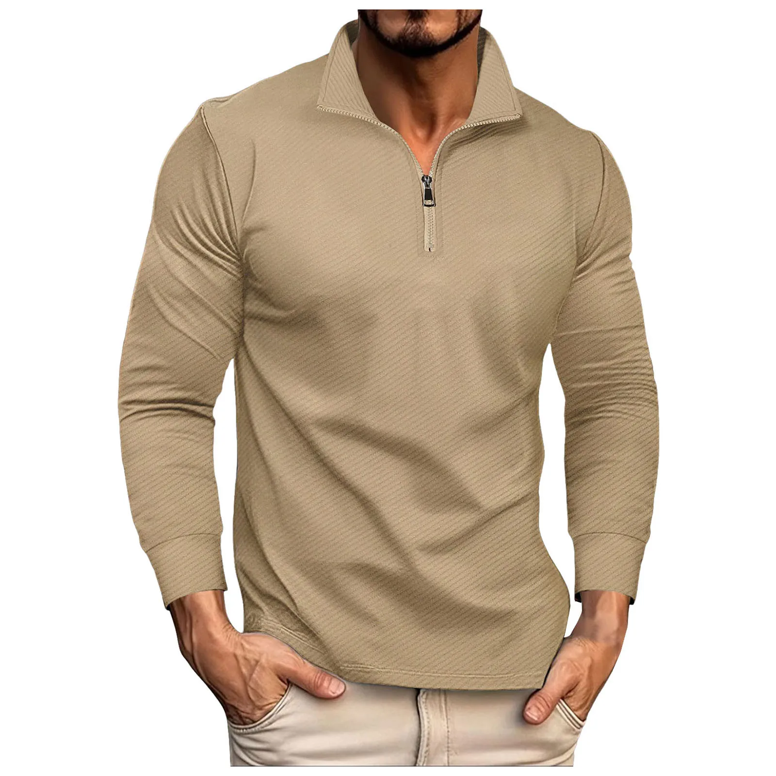 S366aed48bb9842a9a47051c26b1a58ebc Men's Mock Neck Twill Jacquard Half Zipper Athletic Slim Fit Shirt