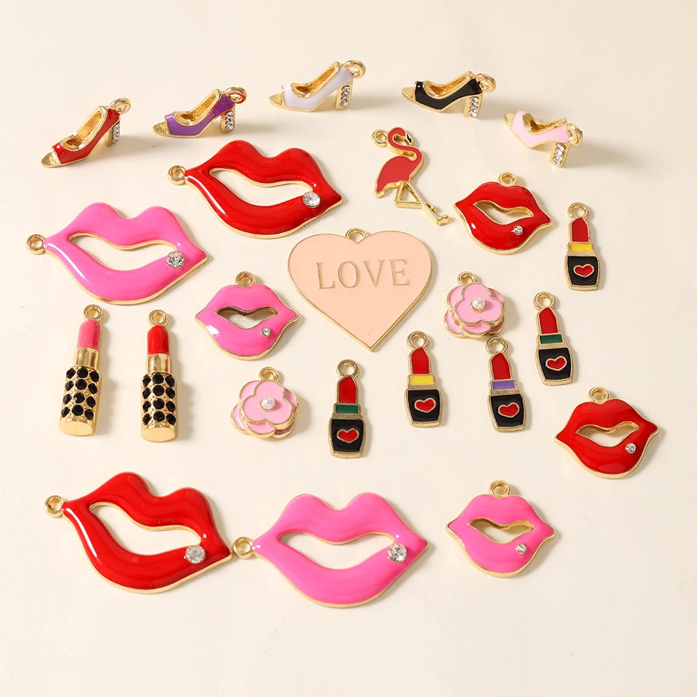 10pcs Sexy Kiss Red Lips Lipstick High-heels Charms for Making Cute Earrings Pendant Necklace DIY Jewelry Making Findings